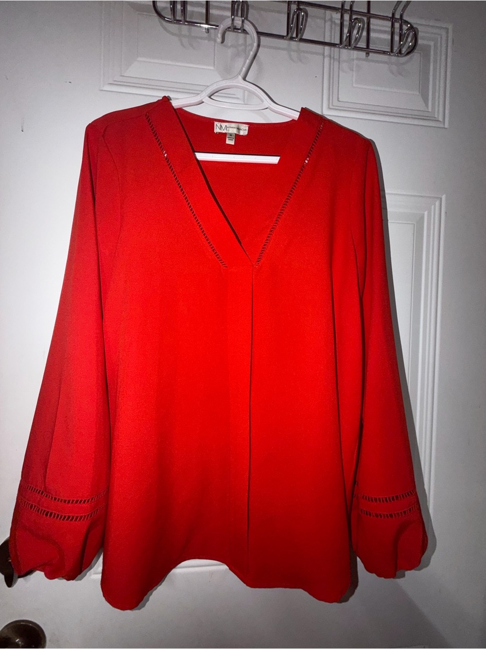 Neiman Marcus Red V-Neck Long Sleeve Blouse